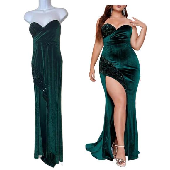 Love & Lemonade Women's M  Green Velvet Split Thigh Prom/Formal Dress (1739) - Picture 1 of 9